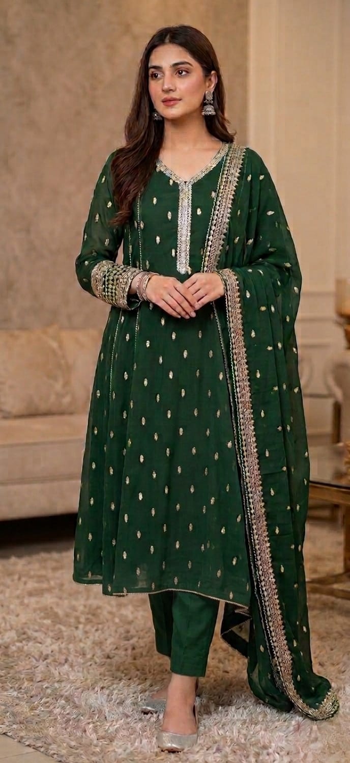  Elegant Foil Print Crinkle Chiffon 3-Piece Festive Suit